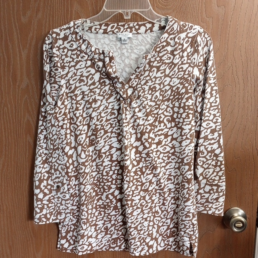 [5] Nine West Separates Cato Brown Tan 3/4 Sleeve Relaxed Blouse Size Medium